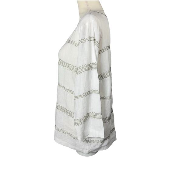 J. Jill Love Linen Med Top Blouse White Embroidered Stripe 3 QTR Balloon Sleeve - Picture 3 of 8